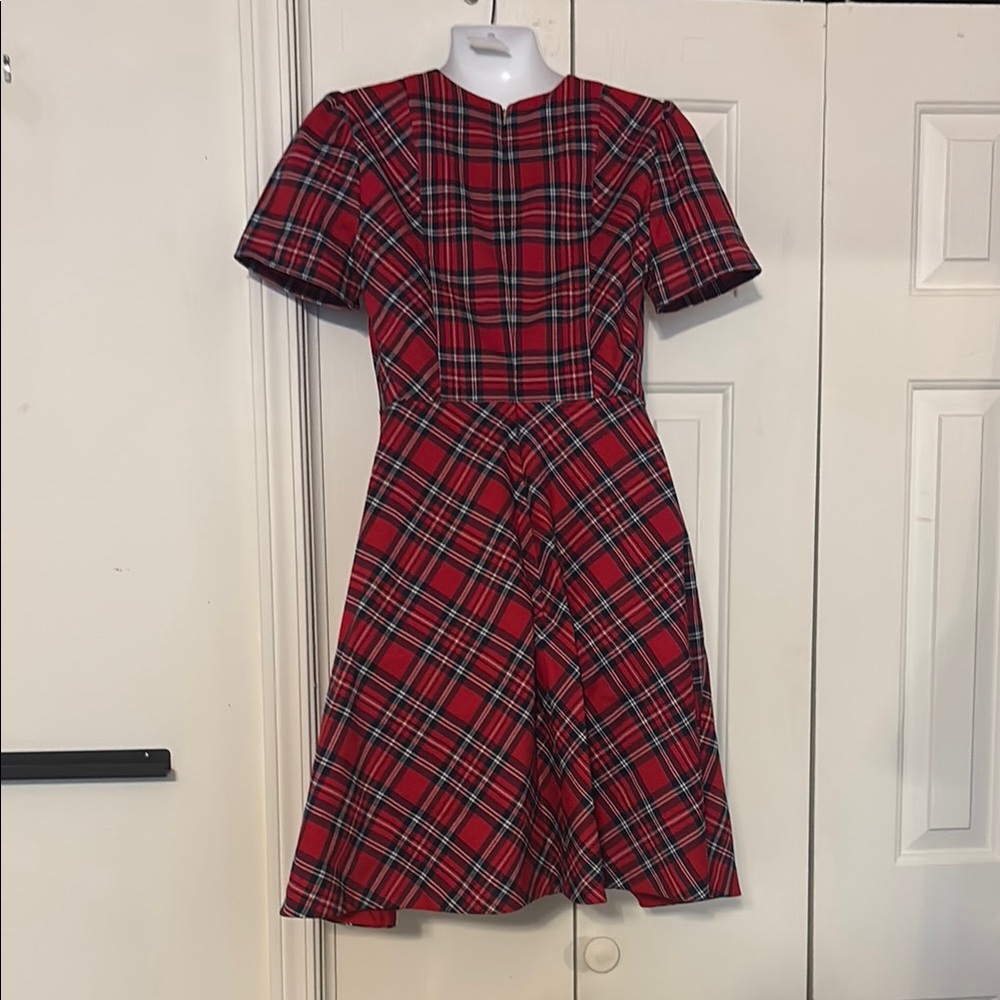 Draper James Red and Blue Pleated Puff Sleeve Midi Dress - Picture 2 of 6